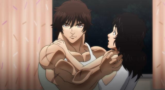 Baki e Kozue compartilham um momento de ternura em uma cena da animação líquida original de Baki.