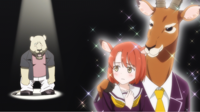 O rei Shishino, um estudante de leão, fica perturbado ao descobrir que Shiho Ihara, uma estudante de antílope, não está interessada romanticamente por ele em uma cena da Academia Seton: Join the Pack! Anime de TV.