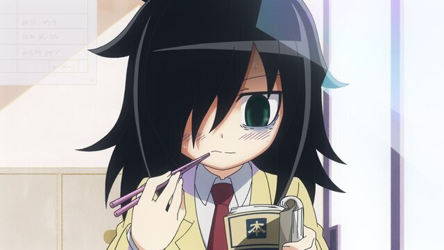 Tomoko almoça na solidão em uma cena do anime da TV WATAMOTE ~ Não importa como eu olhe, é culpa de vocês que não sou popular!