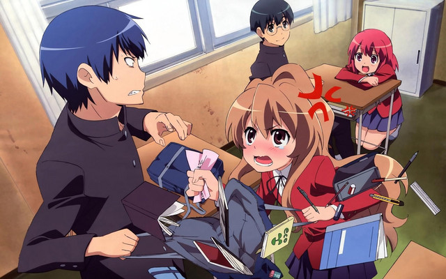 Ryuji e Taiga lutam sobre uma mochila em uma imagem promocional da Toradora! Anime de TV.