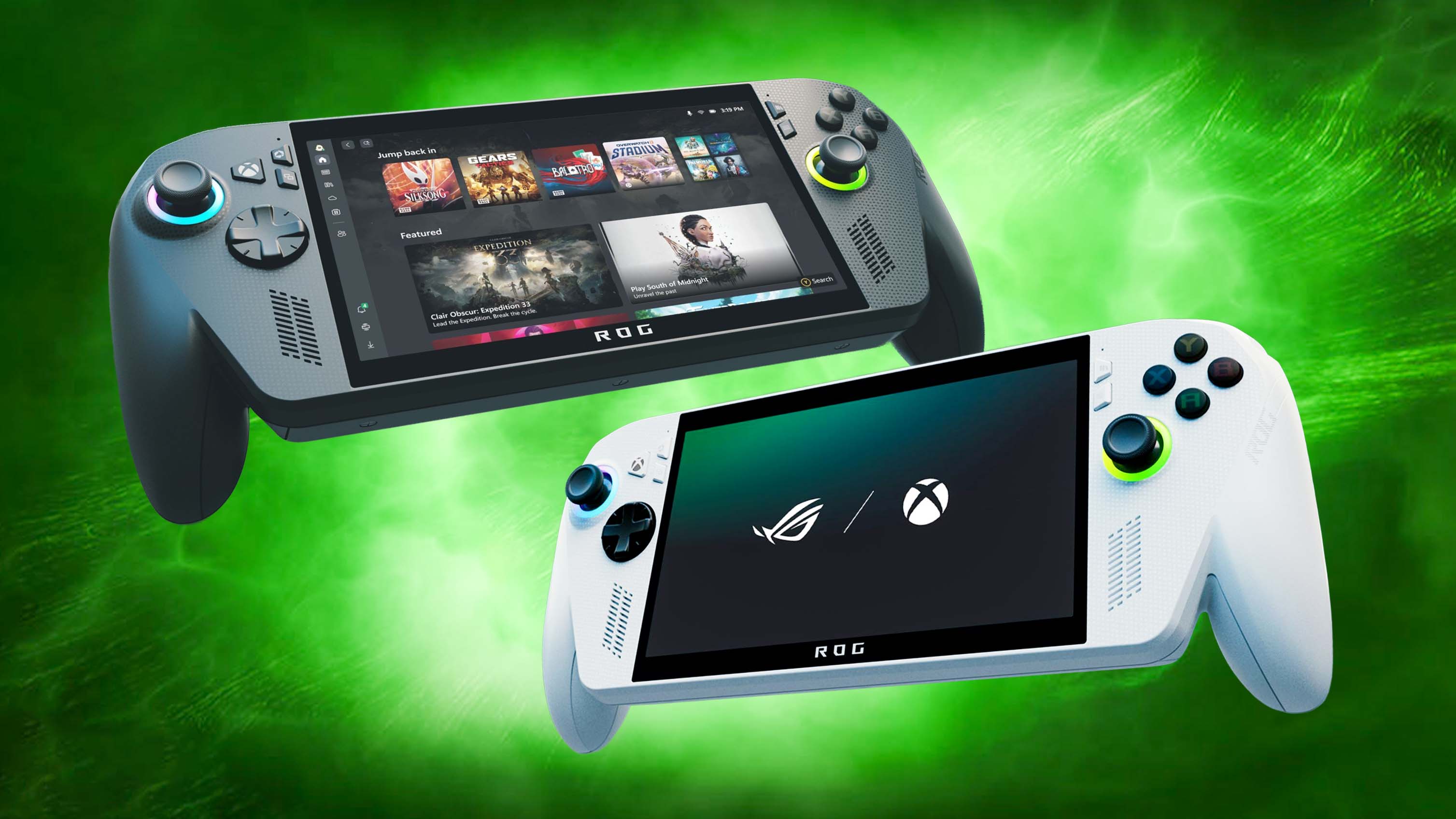 Ally Xbox X e Xbox Ally em fundo verde.