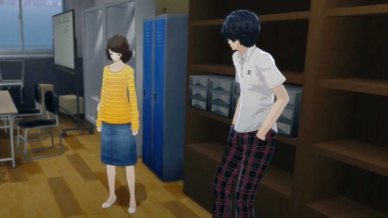 Kawakami e Joker parados em uma sala da escola em Persona 5 Royal