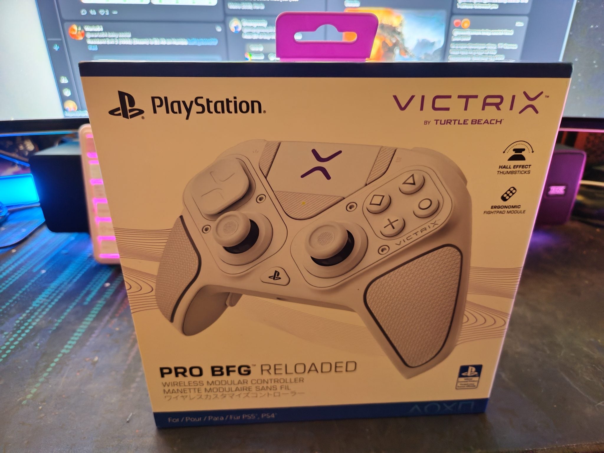 Packaging for the Victrix Pro BFG Reloaded wireless modular controller for PlayStation, featuring ergonomic design and hall effect thumbsticks.